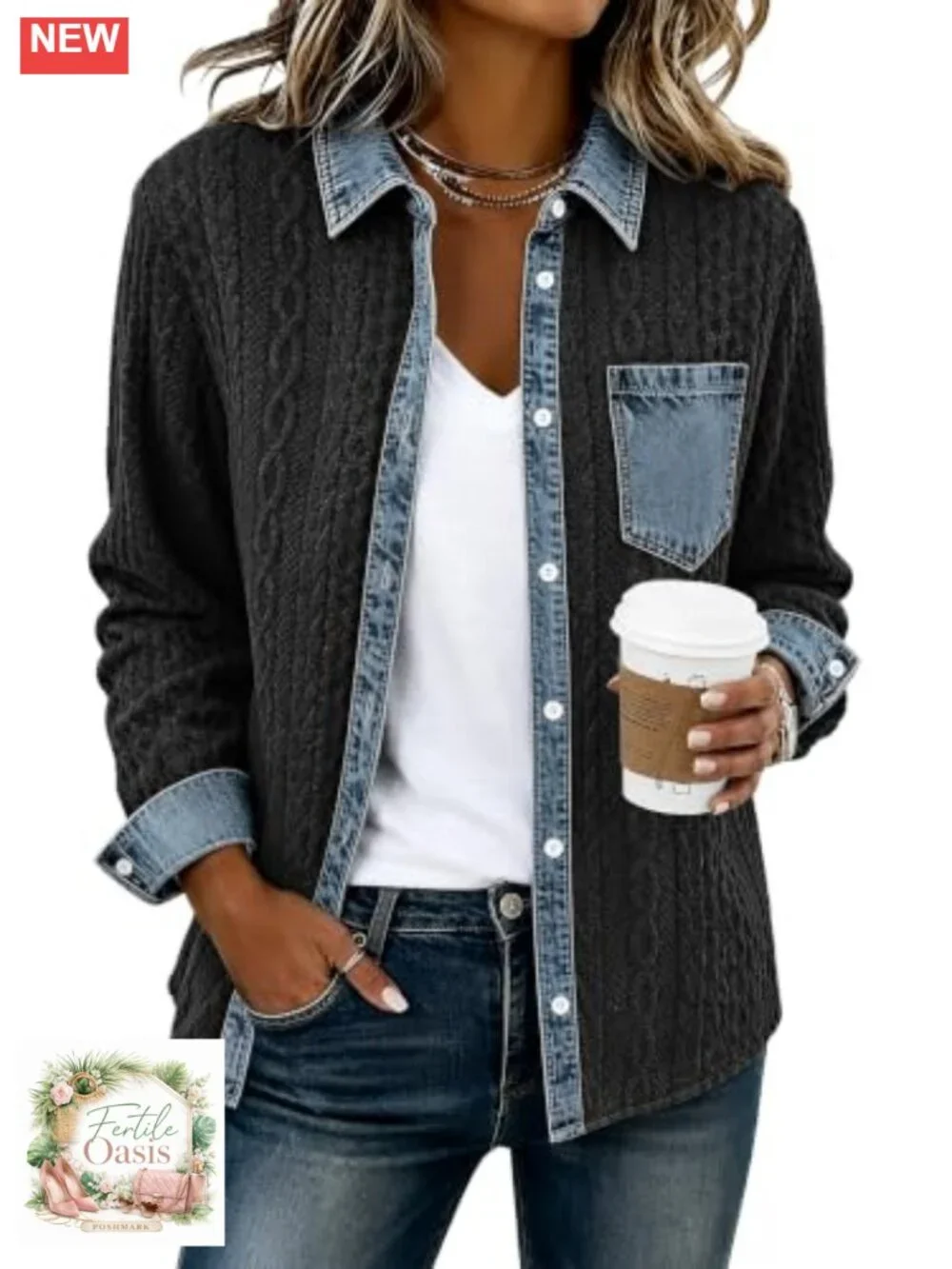 Denim Patchwork Button Down Shacket Loose Fit Women's Casual Jacket